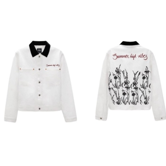 Zara NWT RARE white jean jacket Summer High Vibes black collar embroidered M